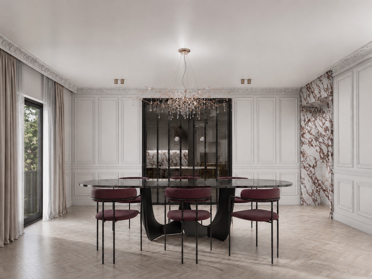 Sala da pranzo con boiserie, tavolo scultoreo e lampadario decorativo