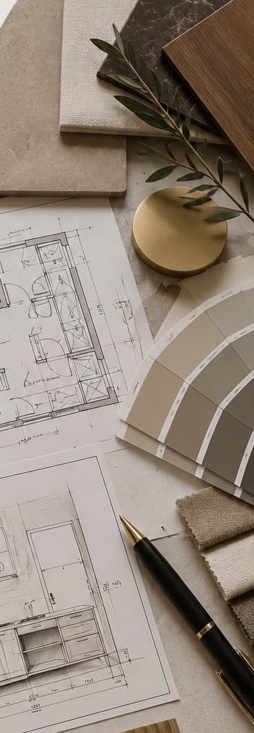 Moodboard con campioni di materiali, palette colori e disegni tecnici di progetto