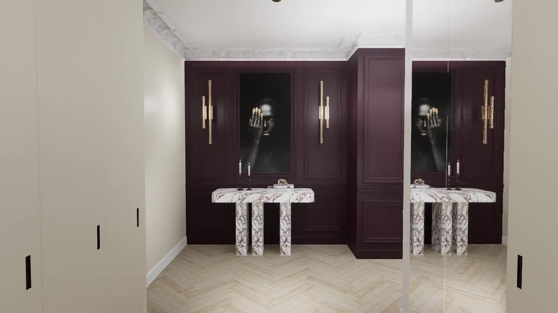 Render di un bagno padronale con boiserie scure e marmo