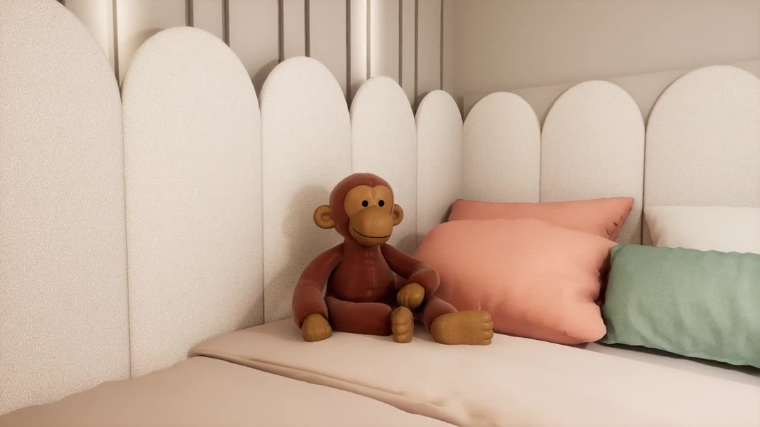 Render di una cameretta con letto e boiserie su misura