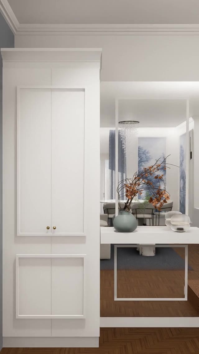 Render di un ingresso con armadiatura a tutta altezza e consolle sospesa